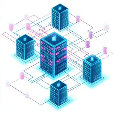 illustration of a WebSocket running and connecting between servers, white background, dramatic