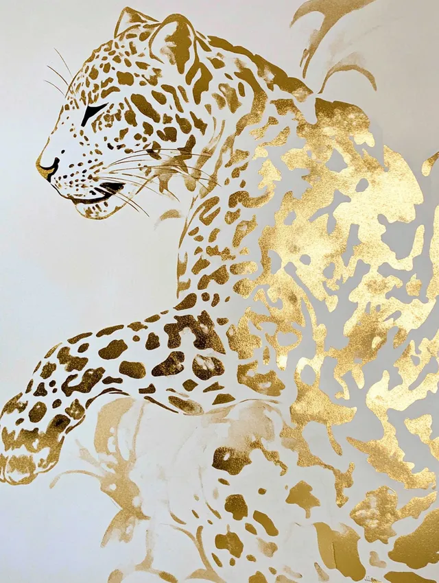 Leopard in the Wild with Gold Foil Accents on White Background