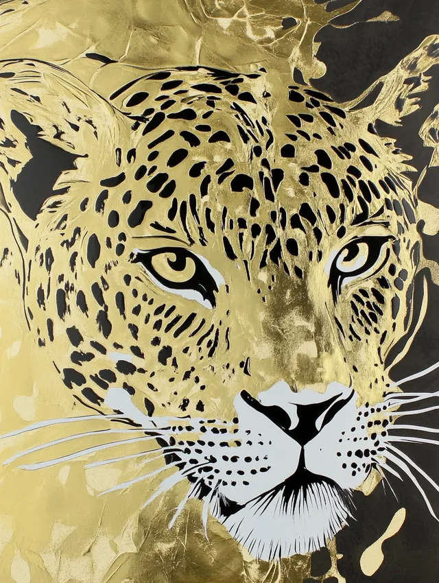 Leopard Painting with Gold Foil on Black Background for Modern Living Spaces