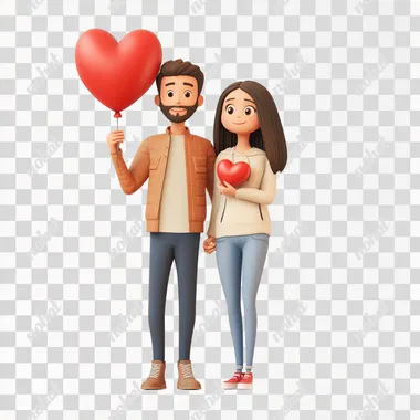 couple, full body, holding a red love balloon in their hand, pop mar style3drender clear edges, white background, no shadows, flat illustration, high detail, ultra clear