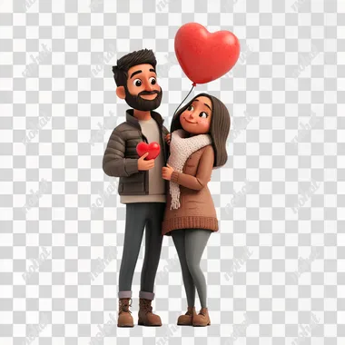 couple, full body, holding a red love balloon in their hand, pop mar style3drender clear edges, white background, no shadows, flat illustration, high detail, ultra clear