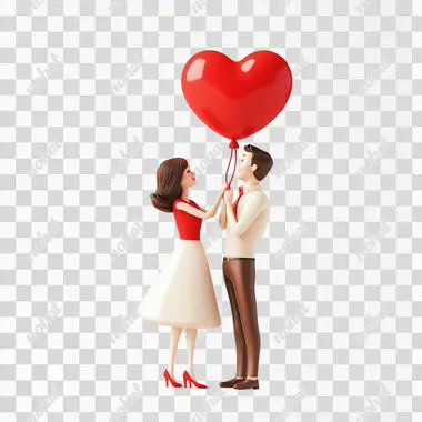 couple, full body, holding a red love balloon in their hand, pop mar style3drender clear edges, white background, no shadows, flat illustration, high detail, ultra clear