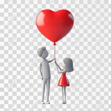 couple, full body, holding a red love balloon in their hand, pop mar style3drender clear edges, white background, no shadows, flat illustration, high detail, ultra clear