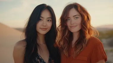 2 girls, real person, a couple of women in Western Regions desert landscape at sunset, left: Asian woman with long flowing black hair with copper highlights, high cheekbones, defined jawline, soft almond eyes, right: woman with wavy auburn hair, prominent cheekbones, emerald eyes, gentle smile, dramatic desert dunes behind them, clear facial features, full frame shot, 8k   rofile jbx8p9k pjix5s9