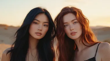 2 girls, real person, a couple of women in Western Regions desert landscape at sunset, left: Asian woman with long flowing black hair with copper highlights, high cheekbones, defined jawline, soft almond eyes, right: woman with wavy auburn hair, prominent cheekbones, emerald eyes, gentle smile, dramatic desert dunes behind them, clear facial features, full frame shot, 8k   rofile jbx8p9k pjix5s9