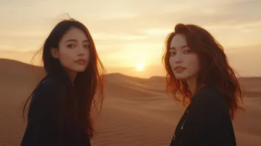 2 girls, real person, a couple of women in Western Regions desert landscape at sunset, left: Asian woman with long flowing black hair with copper highlights, high cheekbones, defined jawline, soft almond eyes, right: woman with wavy auburn hair, prominent cheekbones, emerald eyes, gentle smile, dramatic desert dunes behind them, clear facial features, full frame shot, 8k   rofile jbx8p9k pjix5s9