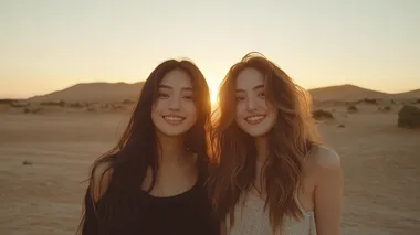 2 girls, real person, a couple of women in Western Regions desert landscape at sunset, left: Asian woman with long flowing black hair with copper highlights, high cheekbones, defined jawline, soft almond eyes, right: woman with wavy auburn hair, prominent cheekbones, emerald eyes, gentle smile, dramatic desert dunes behind them, clear facial features, full frame shot, 8k   rofile jbx8p9k pjix5s9