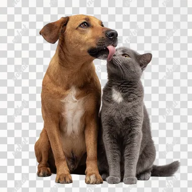Photograph of a brown dog and a grey cat, sitting together on a white background. The cat is licking the dog's face. This is a studio shot, in high resolution.