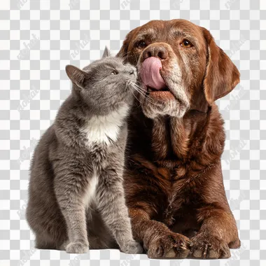 Photograph of a brown dog and a grey cat, sitting together on a white background. The cat is licking the dog's face. This is a studio shot, in high resolution.