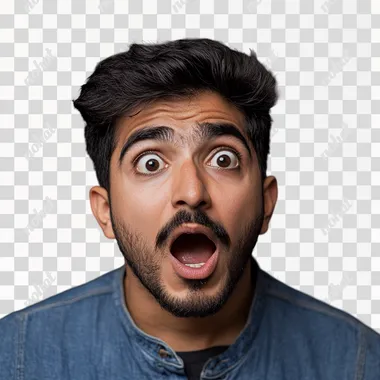 young pakistani man with shocked facial expression , solid background