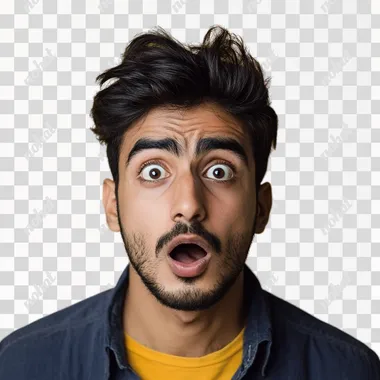 young pakistani man with shocked facial expression , solid background