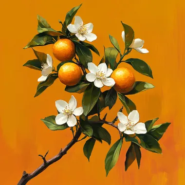 Create a beautiful oil painting-style illustration of an orange tree branch, similar to the reference image. However, instead of a full branch, arrange a few strategically placed flowers, showcasing different stages of bloom. Include a mix of: One or two fully opened flowers with white petals and a hint of orange center One or two flowers with buds or unopened petals, adding a sense of anticipation and movement One or two flowers with fallen petals, but still showing the orange center and stem One or two flowers with petals still attached, but with a small orange fruit developing in the center The branch should be positioned at an angle, with the tip reaching the top of the image. The leaves should be a dark green, and the flowers should be scattered throughout the branch, with some facing the viewer and others facing to the right or left. The overall arrangement should be balanced and visually appealing, with a focus on showcasing the beauty of the orange tree branch and flowers. Replace the original black background with a vibrant orange background, which should be a dominant color in the image. The orange background should enhance the colors of the flowers, leaves, and fruit, creating a harmonious and inviting atmosphere. --s 250