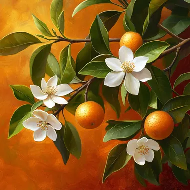Create a beautiful oil painting-style illustration of an orange tree branch, similar to the reference image. However, instead of a full branch, arrange a few strategically placed flowers, showcasing different stages of bloom. Include a mix of: One or two fully opened flowers with white petals and a hint of orange center One or two flowers with buds or unopened petals, adding a sense of anticipation and movement One or two flowers with fallen petals, but still showing the orange center and stem One or two flowers with petals still attached, but with a small orange fruit developing in the center The branch should be positioned at an angle, with the tip reaching the top of the image. The leaves should be a dark green, and the flowers should be scattered throughout the branch, with some facing the viewer and others facing to the right or left. The overall arrangement should be balanced and visually appealing, with a focus on showcasing the beauty of the orange tree branch and flowers. Replace the original black background with a vibrant orange background, which should be a dominant color in the image. The orange background should enhance the colors of the flowers, leaves, and fruit, creating a harmonious and inviting atmosphere. --s 250