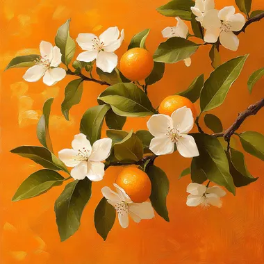 Create a beautiful oil painting-style illustration of an orange tree branch, similar to the reference image. However, instead of a full branch, arrange a few strategically placed flowers, showcasing different stages of bloom. Include a mix of: One or two fully opened flowers with white petals and a hint of orange center One or two flowers with buds or unopened petals, adding a sense of anticipation and movement One or two flowers with fallen petals, but still showing the orange center and stem One or two flowers with petals still attached, but with a small orange fruit developing in the center The branch should be positioned at an angle, with the tip reaching the top of the image. The leaves should be a dark green, and the flowers should be scattered throughout the branch, with some facing the viewer and others facing to the right or left. The overall arrangement should be balanced and visually appealing, with a focus on showcasing the beauty of the orange tree branch and flowers. Replace the original black background with a vibrant orange background, which should be a dominant color in the image. The orange background should enhance the colors of the flowers, leaves, and fruit, creating a harmonious and inviting atmosphere. --s 250