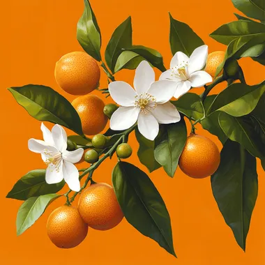 Create a beautiful oil painting-style illustration of an orange tree branch, similar to the reference image. However, instead of a full branch, arrange a few strategically placed flowers, showcasing different stages of bloom. Include a mix of: One or two fully opened flowers with white petals and a hint of orange center One or two flowers with buds or unopened petals, adding a sense of anticipation and movement One or two flowers with fallen petals, but still showing the orange center and stem One or two flowers with petals still attached, but with a small orange fruit developing in the center The branch should be positioned at an angle, with the tip reaching the top of the image. The leaves should be a dark green, and the flowers should be scattered throughout the branch, with some facing the viewer and others facing to the right or left. The overall arrangement should be balanced and visually appealing, with a focus on showcasing the beauty of the orange tree branch and flowers. Replace the original black background with a vibrant orange background, which should be a dominant color in the image. The orange background should enhance the colors of the flowers, leaves, and fruit, creating a harmonious and inviting atmosphere. --s 250