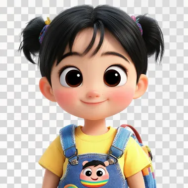 A 7-year-old Korean girl named Seoyeon with large expressive eyes, a button nose, and short black hair with a cute side ponytail. She's wearing a bright yellow t-shirt with a rainbow print and blue denim overalls. Her backpack, 'Chaekdol', has a face and is smiling. Pixar animation style, ((white background)), (masterpiece), (detailed lineart in monochrome), flat color, high contrast. Emphasize Pixar-like textures, lighting, and cute, exaggerated features
