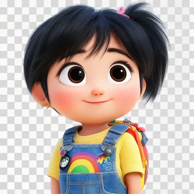A 7-year-old Korean girl named Seoyeon with large expressive eyes, a button nose, and short black hair with a cute side ponytail. She's wearing a bright yellow t-shirt with a rainbow print and blue denim overalls. Her backpack, 'Chaekdol', has a face and is smiling. Pixar animation style, ((white background)), (masterpiece), (detailed lineart in monochrome), flat color, high contrast. Emphasize Pixar-like textures, lighting, and cute, exaggerated features
