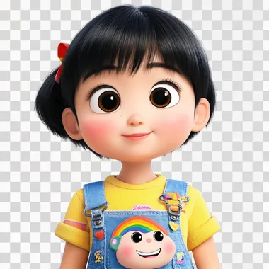 A 7-year-old Korean girl named Seoyeon with large expressive eyes, a button nose, and short black hair with a cute side ponytail. She's wearing a bright yellow t-shirt with a rainbow print and blue denim overalls. Her backpack, 'Chaekdol', has a face and is smiling. Pixar animation style, ((white background)), (masterpiece), (detailed lineart in monochrome), flat color, high contrast. Emphasize Pixar-like textures, lighting, and cute, exaggerated features