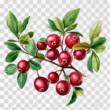 lot of cranberries on branch with fresh leaves, botanical, detailed, watercolor style on white