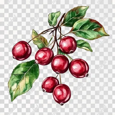 lot of cranberries on branch with fresh leaves, botanical, detailed, watercolor style on white