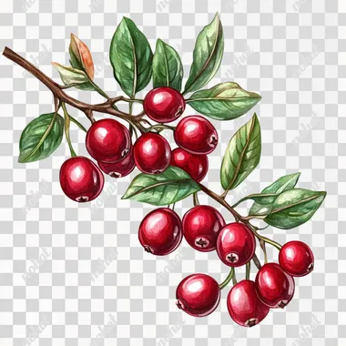 lot of cranberries on branch with fresh leaves, botanical, detailed, watercolor style on white