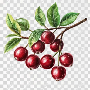 lot of cranberries on branch with fresh leaves, botanical, detailed, watercolor style on white