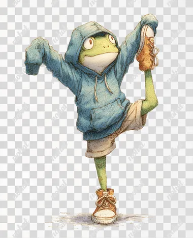 kawaii boy frog stretching, standing toe touches, hamstring stretch, wearing a hoodie, studio Ghibli illustration style