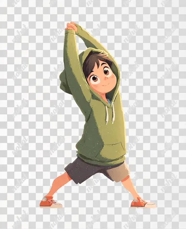 kawaii boy frog stretching, standing toe touches, hamstring stretch, wearing a hoodie, studio Ghibli illustration style