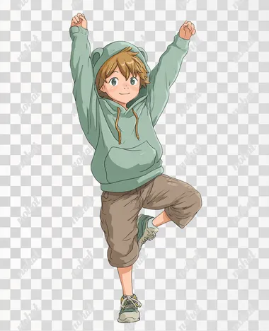kawaii boy frog stretching, standing toe touches, hamstring stretch, wearing a hoodie, studio Ghibli illustration style