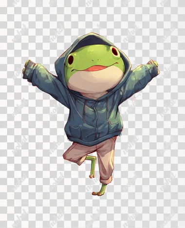 kawaii boy frog stretching, standing toe touches, hamstring stretch, wearing a hoodie, studio Ghibli illustration style