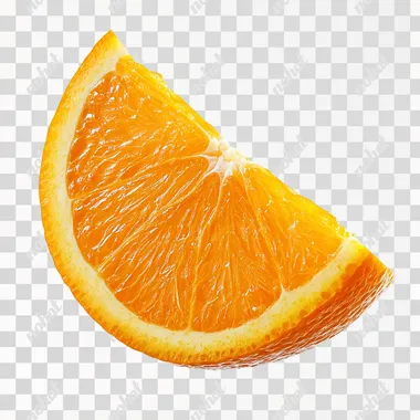 An orange wedge with juicy pulp and slightly rough peel, perfect for garnishing cocktails, detailed texture, side view, no shadow, cut out, isolated on a white background s 125 q 2
