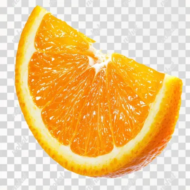 An orange wedge with juicy pulp and slightly rough peel, perfect for garnishing cocktails, detailed texture, side view, no shadow, cut out, isolated on a white background s 125 q 2