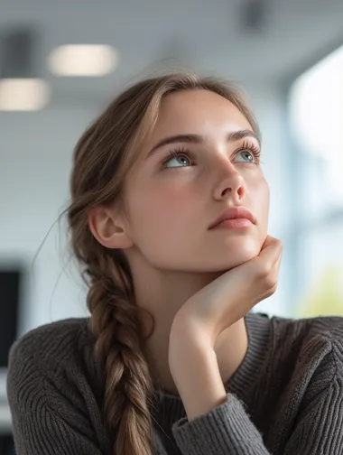 Photography taken with Sony ZV E10, a euopean woman with a thoughtful expression, holding her chin, and looking slightly upward to her left. She has a long braid. The background is a bright office setting, enhancing the professional feel of the image. Her pose and expression suggest she is deep in thought
