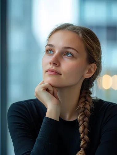 Photography taken with Sony ZV E10, a euopean woman with a thoughtful expression, holding her chin, and looking slightly upward to her left. She has a long braid. The background is a bright office setting, enhancing the professional feel of the image. Her pose and expression suggest she is deep in thought