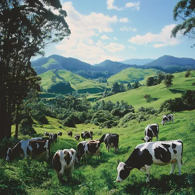A highly detailed, ultra-realistic photograph of a lush green pasture in a mountainous rural landscape during daytime. A group of dairy cows, including black and white Holstein cows and brown and white cows, graze peacefully on vibrant green grass. The cows are scattered naturally, some closer to the camera and others in the distance, creating depth. In the background, rolling hills and steep mountains covered in dense vegetation rise under a bright blue sky with scattered white clouds. Tall trees with irregular shapes are dispersed throughout the landscape, adding authenticity. The lighting is natural and soft, with sunlight casting gentle shadows. The image has a professional, high-resolution quality, with a cinematic composition and a slight depth of field effect.