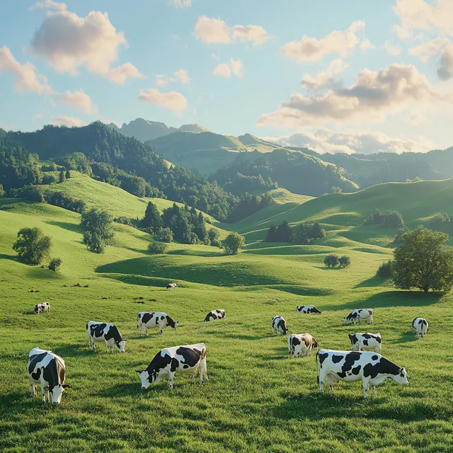 Cows Grazing on Lush Green Hillside in Mountainous Rural Landscape