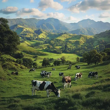 A highly detailed, ultra-realistic photograph of a lush green pasture in a mountainous rural landscape during daytime. A group of dairy cows, including black and white Holstein cows and brown and white cows, graze peacefully on vibrant green grass. The cows are scattered naturally, some closer to the camera and others in the distance, creating depth. In the background, rolling hills and steep mountains covered in dense vegetation rise under a bright blue sky with scattered white clouds. Tall trees with irregular shapes are dispersed throughout the landscape, adding authenticity. The lighting is natural and soft, with sunlight casting gentle shadows. The image has a professional, high-resolution quality, with a cinematic composition and a slight depth of field effect.