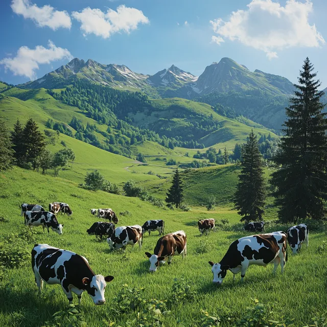 Cows Grazing on Lush Green Hillside in a Mountainous Landscape