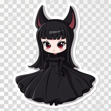 a flat vector illustration, subject: Kuromi dressed up in a black gown that touches the ground, no background , for a sticker