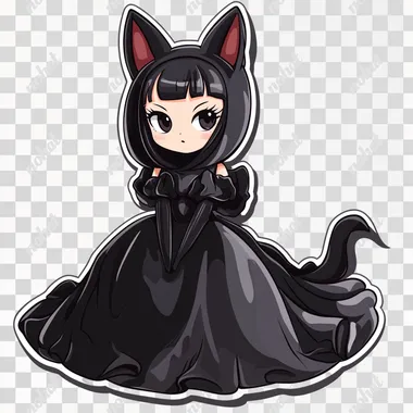 a flat vector illustration, subject: Kuromi dressed up in a black gown that touches the ground, no background , for a sticker