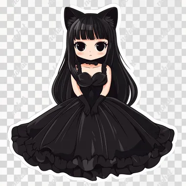 a flat vector illustration, subject: Kuromi dressed up in a black gown that touches the ground, no background , for a sticker