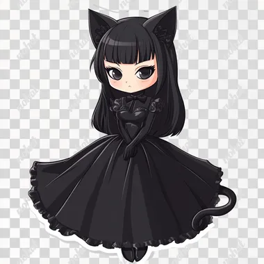 a flat vector illustration, subject: Kuromi dressed up in a black gown that touches the ground, no background , for a sticker