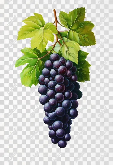 A high-quality oil painting in the style of Caravaggio, depicting a fresh bunch of Dunhuang grapes with vibrant green leaves on a pure white background. The grapes are plump and glossy, with deep purple and green hues, and the leaves are lush and vibrant, showing signs of freshness. The painting features dramatic chiaroscuro lighting, with strong contrasts between light and shadow, rich textures, and a realistic, natural look. The colors are inspired by Dunhuang murals, featuring soft earthy tones like terracotta, ochre, and muted purple for the grapes, and vibrant green for the leaves, with subtle highlights and shadows, highly detailed, 8k resolution.