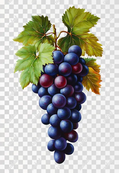 A high-quality oil painting in the style of Caravaggio, depicting a fresh bunch of Dunhuang grapes with vibrant green leaves on a pure white background. The grapes are plump and glossy, with deep purple and green hues, and the leaves are lush and vibrant, showing signs of freshness. The painting features dramatic chiaroscuro lighting, with strong contrasts between light and shadow, rich textures, and a realistic, natural look. The colors are inspired by Dunhuang murals, featuring soft earthy tones like terracotta, ochre, and muted purple for the grapes, and vibrant green for the leaves, with subtle highlights and shadows, highly detailed, 8k resolution.