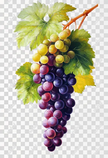 A high-quality oil painting in the style of Caravaggio, depicting a fresh bunch of Dunhuang grapes with vibrant green leaves on a pure white background. The grapes are plump and glossy, with deep purple and green hues, and the leaves are lush and vibrant, showing signs of freshness. The painting features dramatic chiaroscuro lighting, with strong contrasts between light and shadow, rich textures, and a realistic, natural look. The colors are inspired by Dunhuang murals, featuring soft earthy tones like terracotta, ochre, and muted purple for the grapes, and vibrant green for the leaves, with subtle highlights and shadows, highly detailed, 8k resolution.