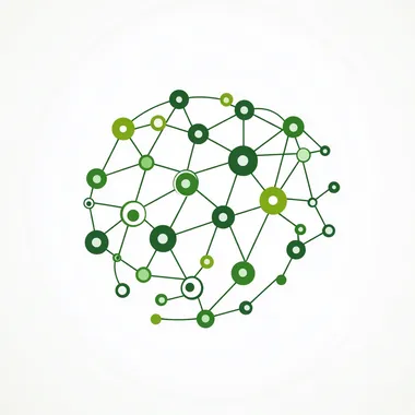 Simple vector logo icon of interconnected circles forming a network pattern, representing social connections, single color, minimalist design, flat style, green color, white background