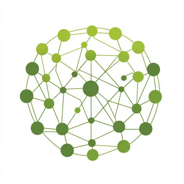 Simple vector logo icon of interconnected circles forming a network pattern, representing social connections, single color, minimalist design, flat style, green color, white background
