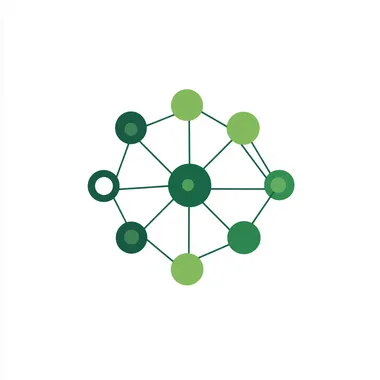 Simple vector logo icon of interconnected circles forming a network pattern, representing social connections, single color, minimalist design, flat style, green color, white background