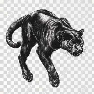 a black and white pencil illustration of an upwards climbing panther isolated on white background