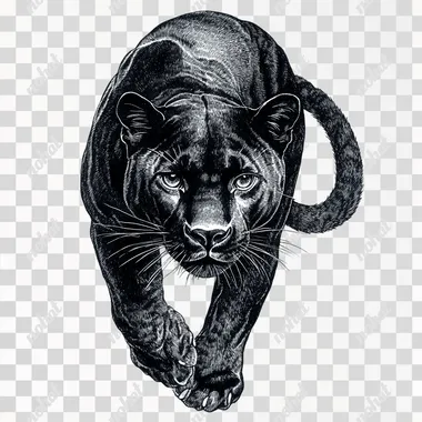 a black and white pencil illustration of an upwards climbing panther isolated on white background